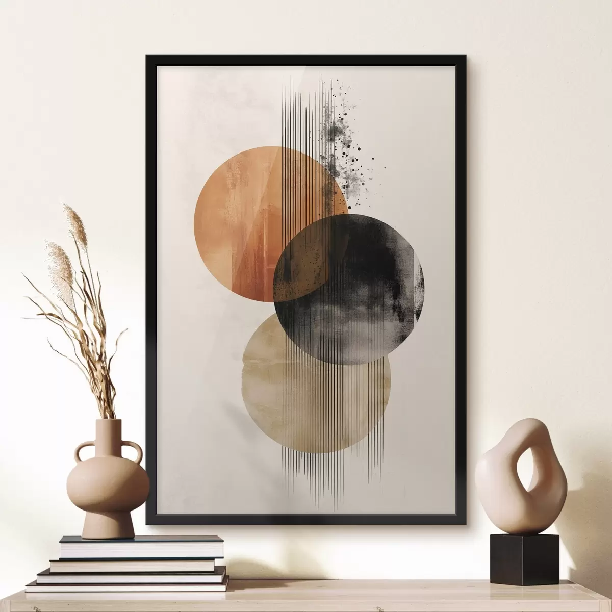 Poster Trois cercles texturés avec des lignes dans une palette de couleurs terre cuite et noir f45885