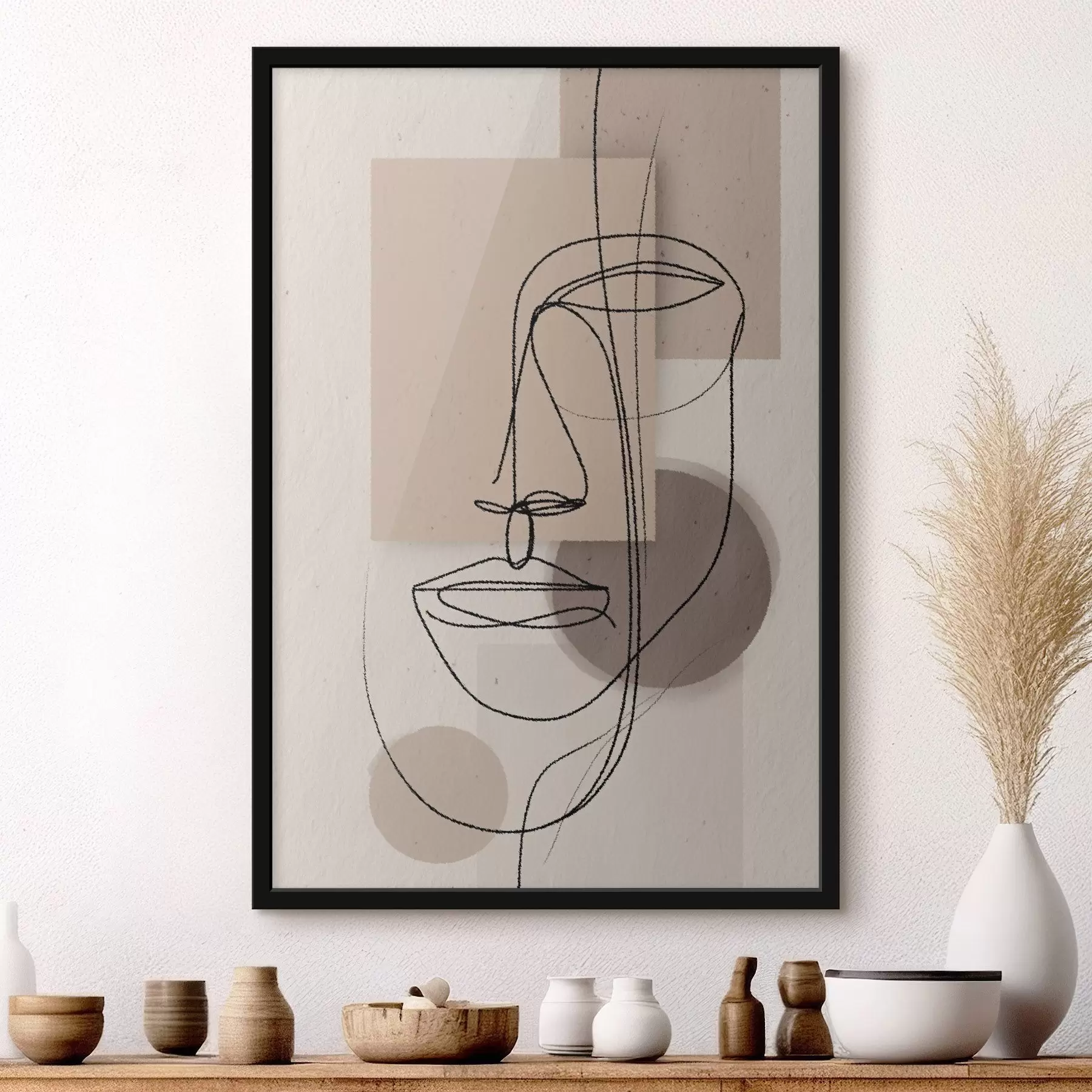 Papier peint Portrait en ligne sur des formes géométriques beiges f45886