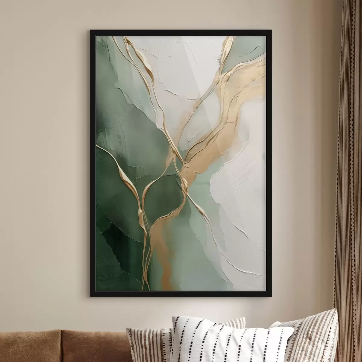 Poster Abstraction émeraude-crème avec des ruissellements jaunes f45887