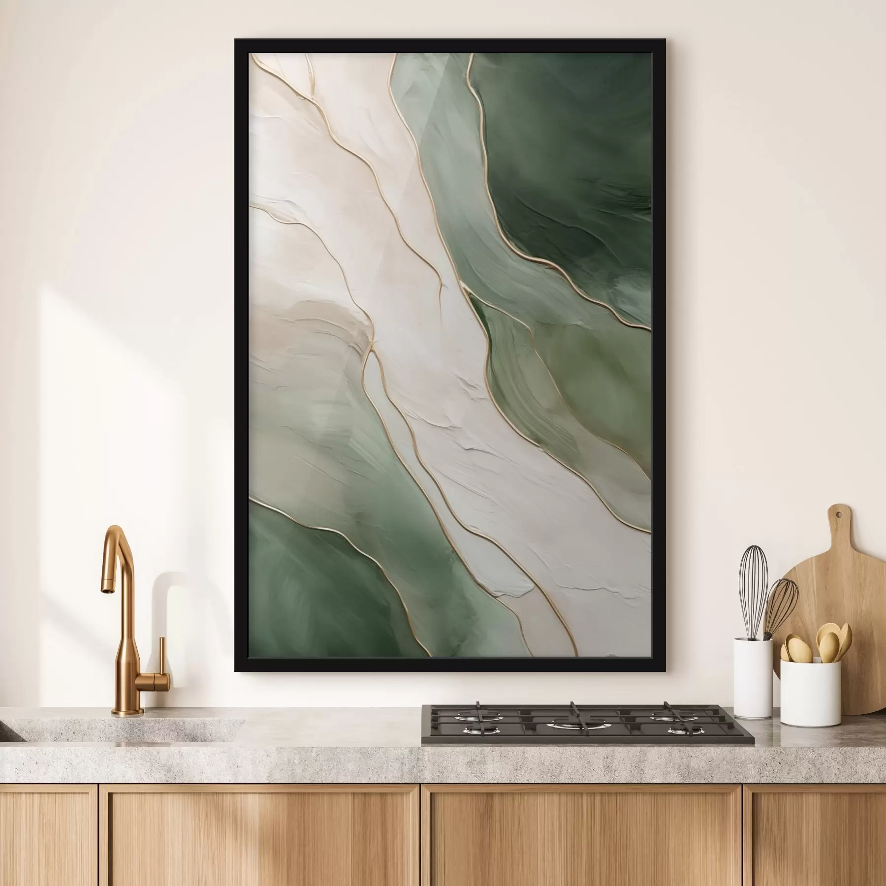 Papier peint Abstraction émeraude avec de fines lignes jaunes f45888