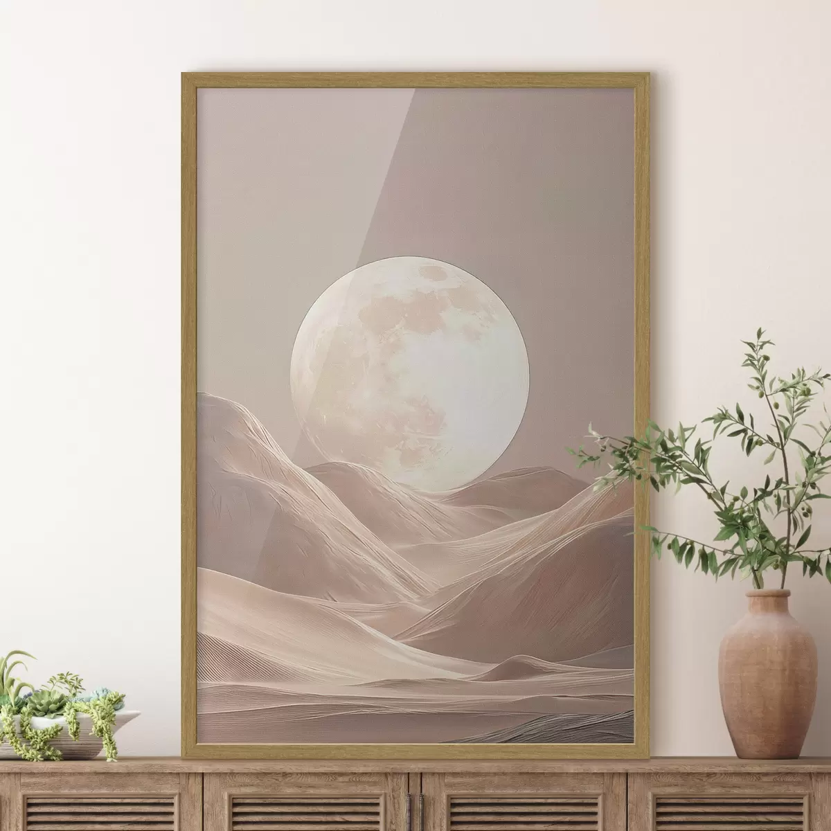 Poster Lune au-dessus des dunes de sable aux teintes roses f45892