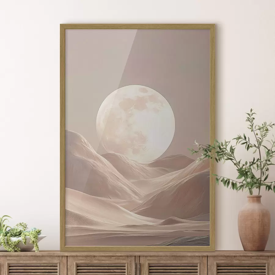 Papier peint Lune au-dessus des dunes de sable aux teintes roses f45892