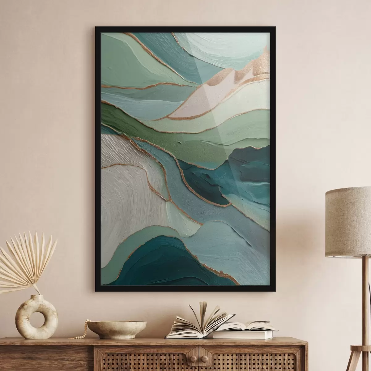 Poster Abstraction verte en couches avec des lignes jaunes et de la profondeur f45902