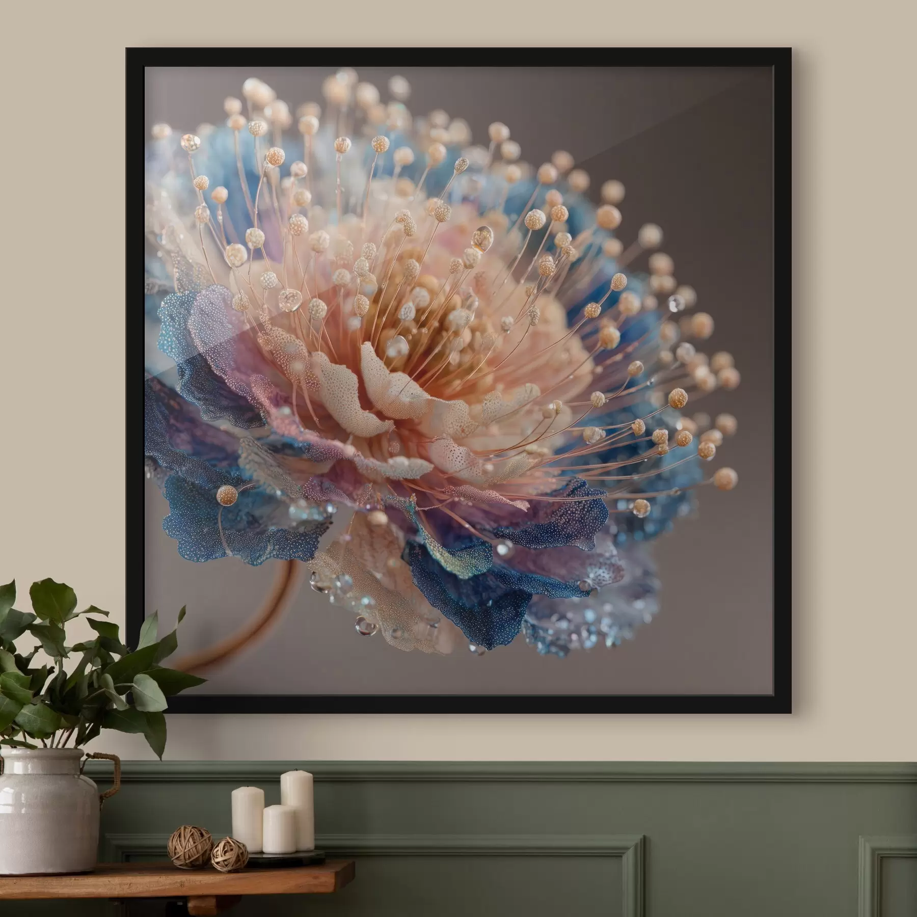 Papier peint Fleur nacrée avec des gouttes de rosée, pétales couleur pêche et bleu f45911