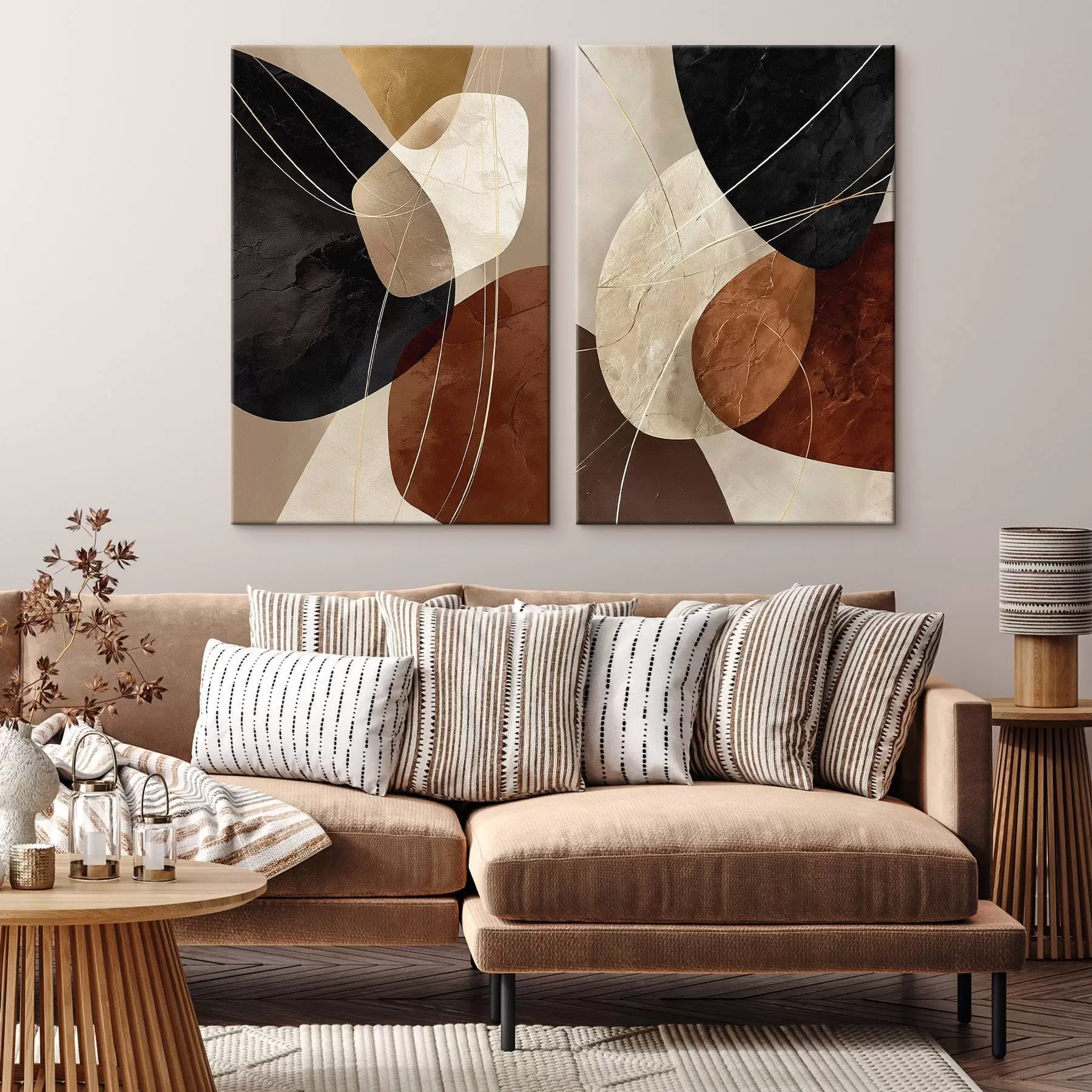 Tableau Ovales géométriques dans une palette chaude avec des lignes jaunes m00763