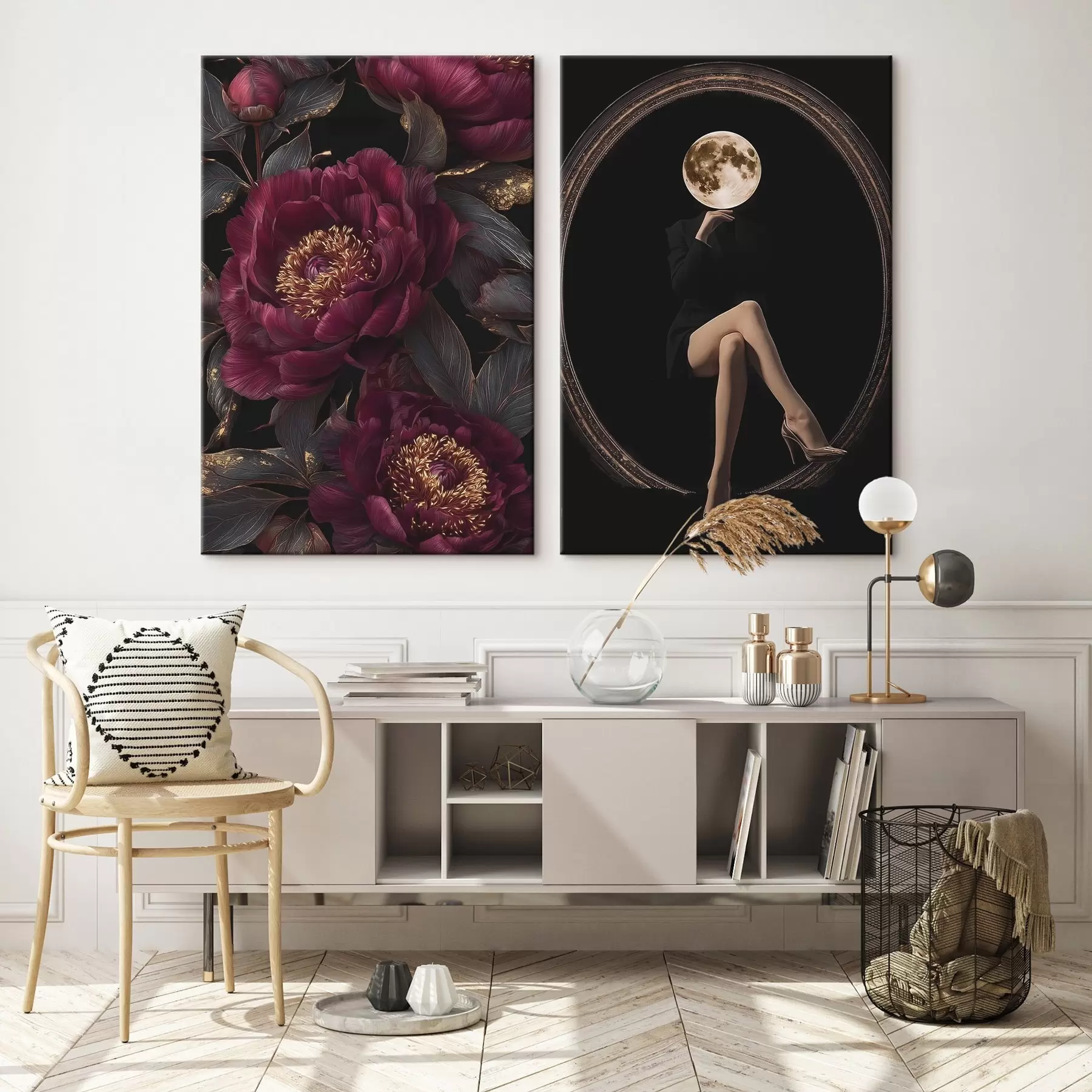 Tableau Pivoines bordeaux et silhouette en forme de lune sur fond noir m00765