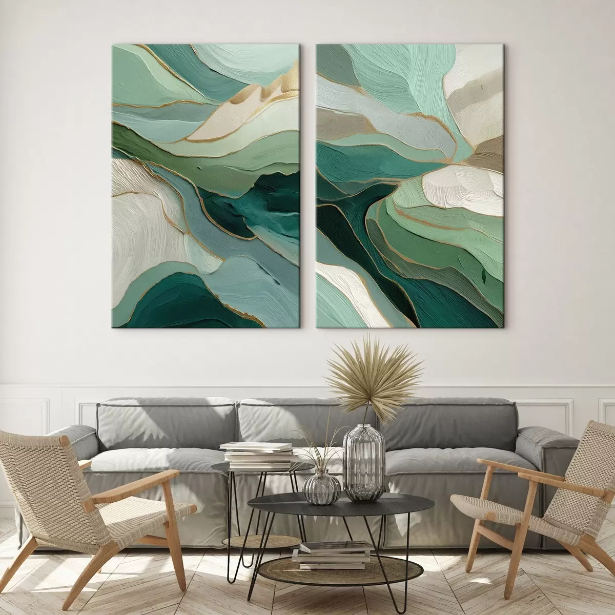 Tableau Abstraction en couches émeraude avec un contour jaune m00766