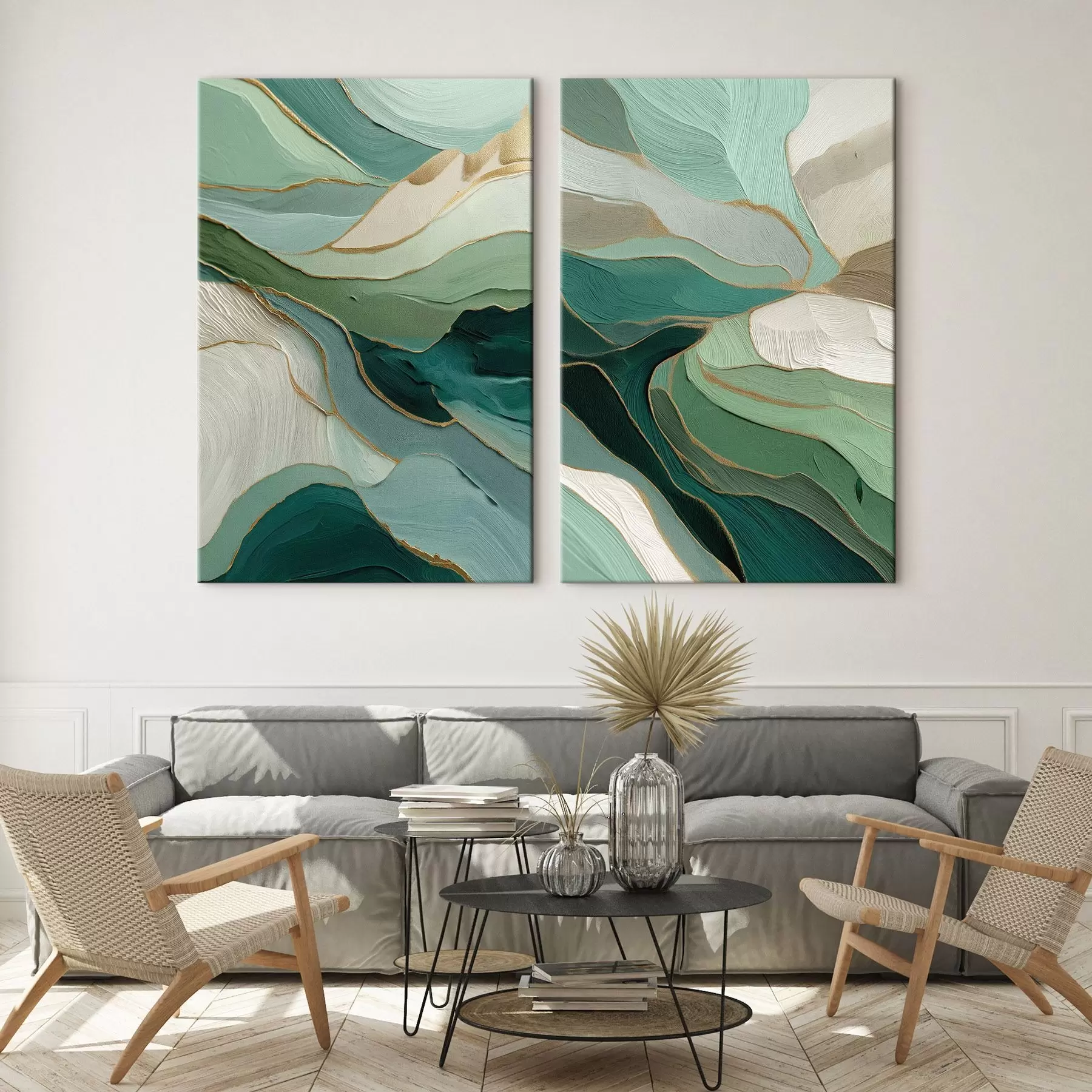 Tableau Abstraction en couches émeraude avec un contour jaune m00766