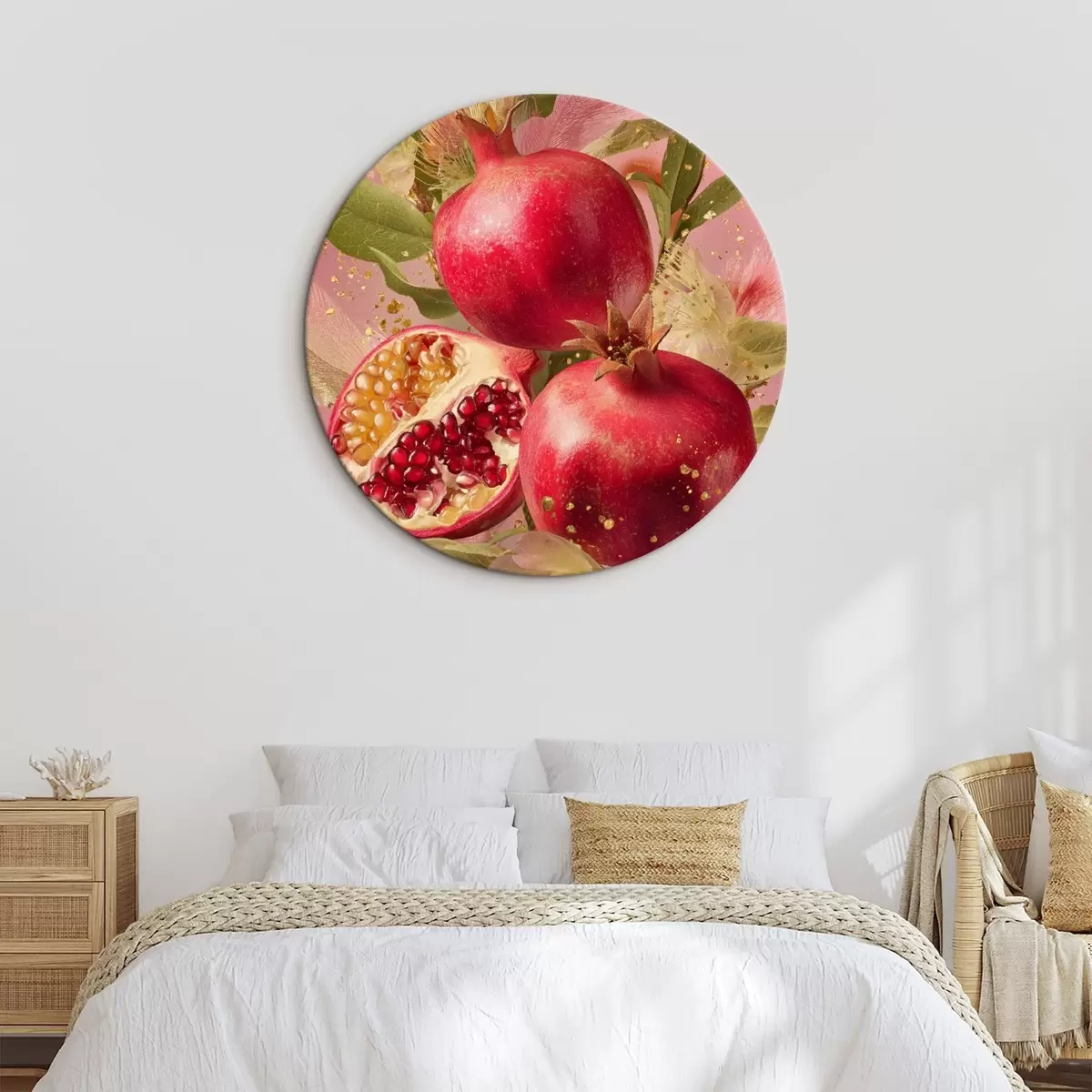 Tableaux rondes Grenades mûres sur fond rose avec feuillage et mouchetures dorées r45868