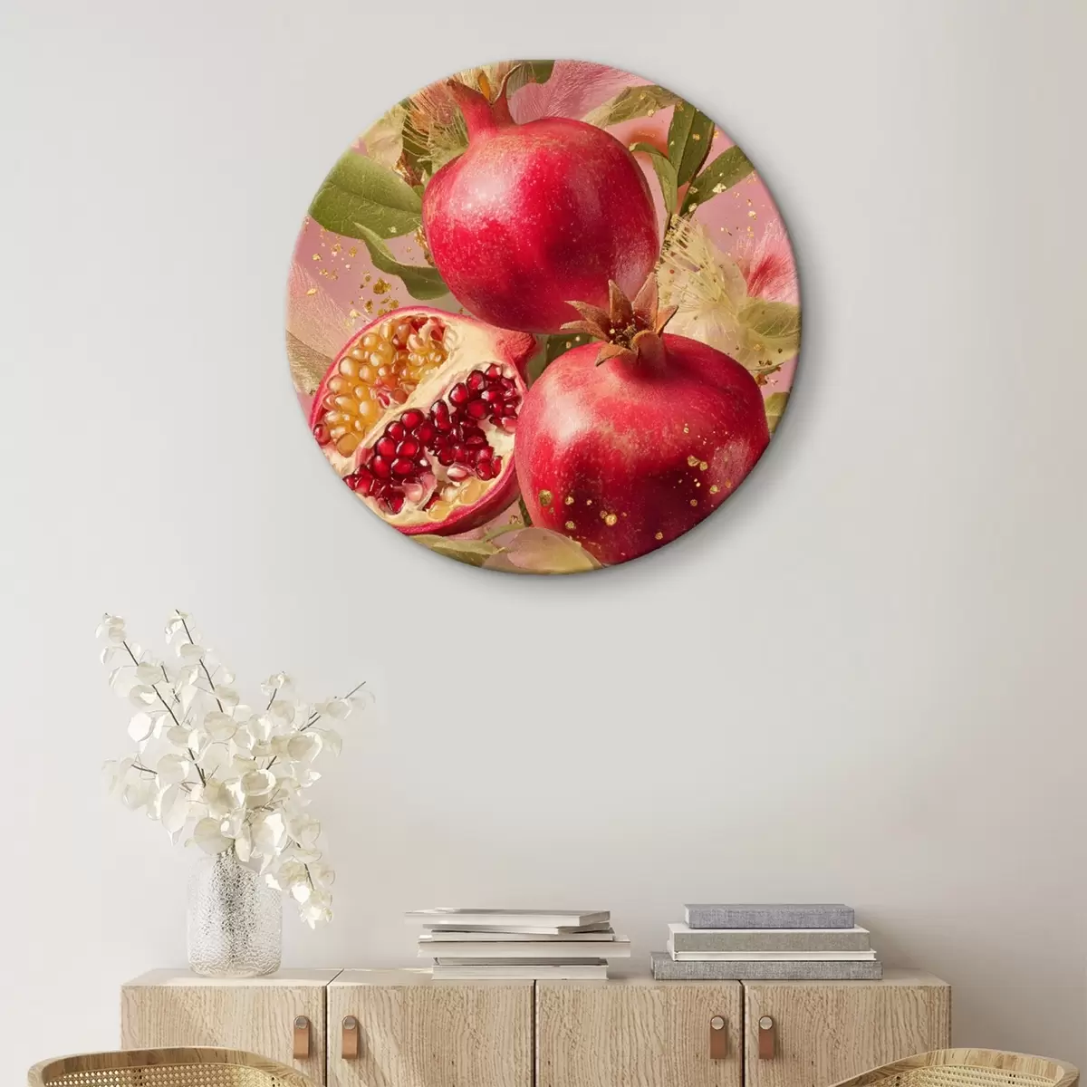 Tableaux rondes Grenades mûres sur fond rose avec feuillage et mouchetures dorées r45868