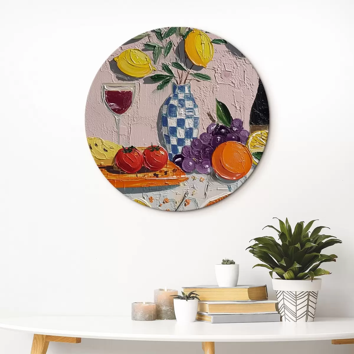 Tableaux rondes Nature morte pastel : citrons, raisins et tomates, empâtement r45876
