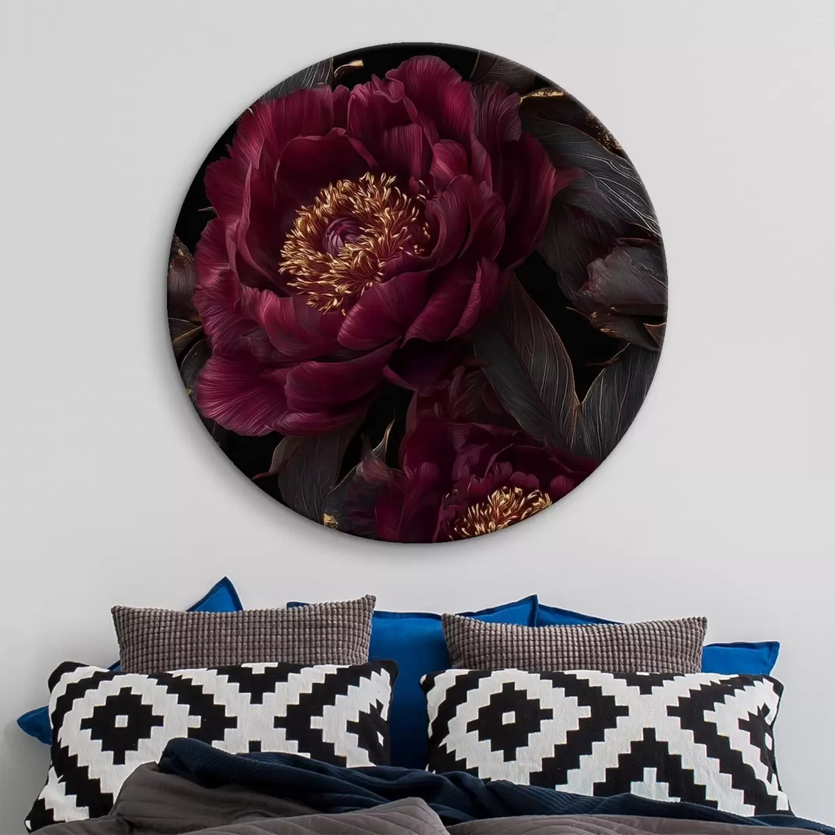Tableaux rondes Pivoines bordeaux sur fond noir avec des touches de jaune r45877