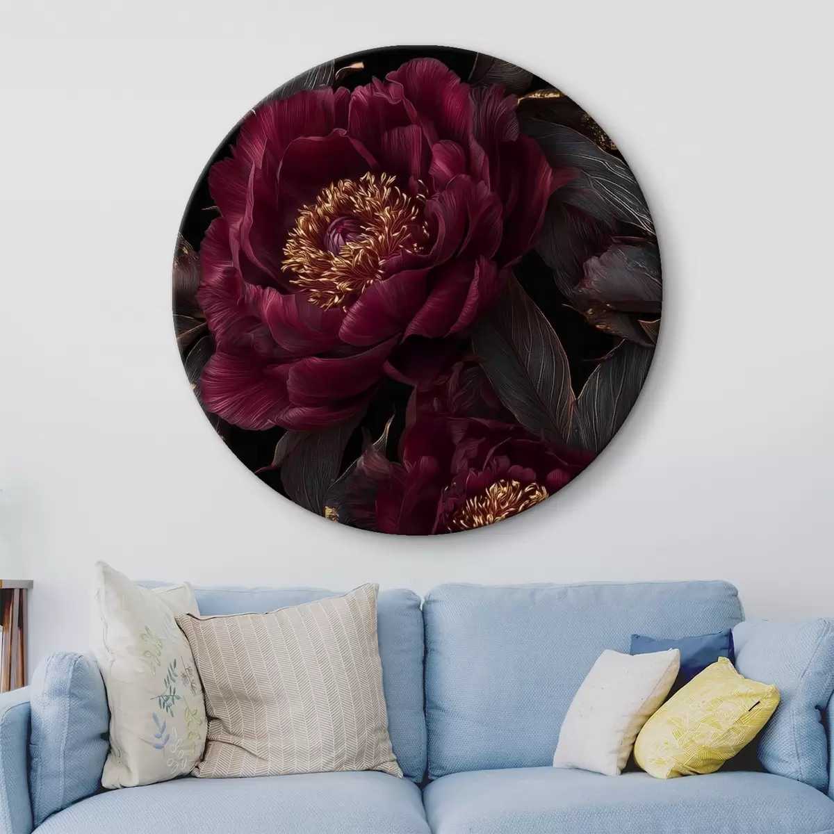 Tableaux rondes Pivoines bordeaux sur fond noir avec des touches de jaune r45877