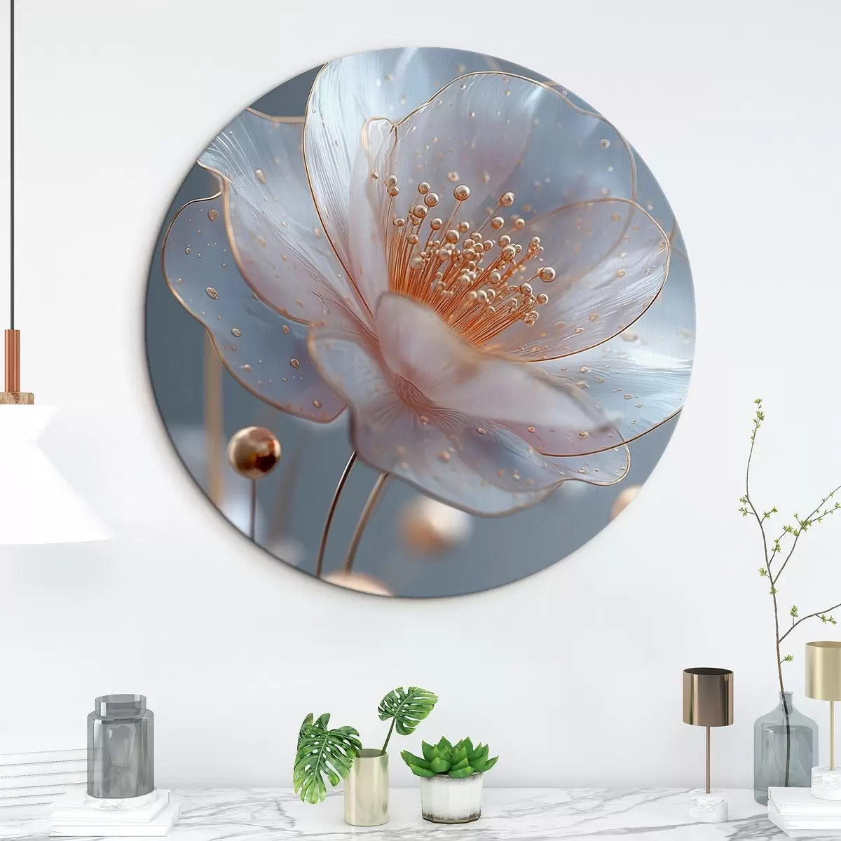 Tableaux rondes Fleur translucide avec des étamines cuivrées sur fond bleu r45880
