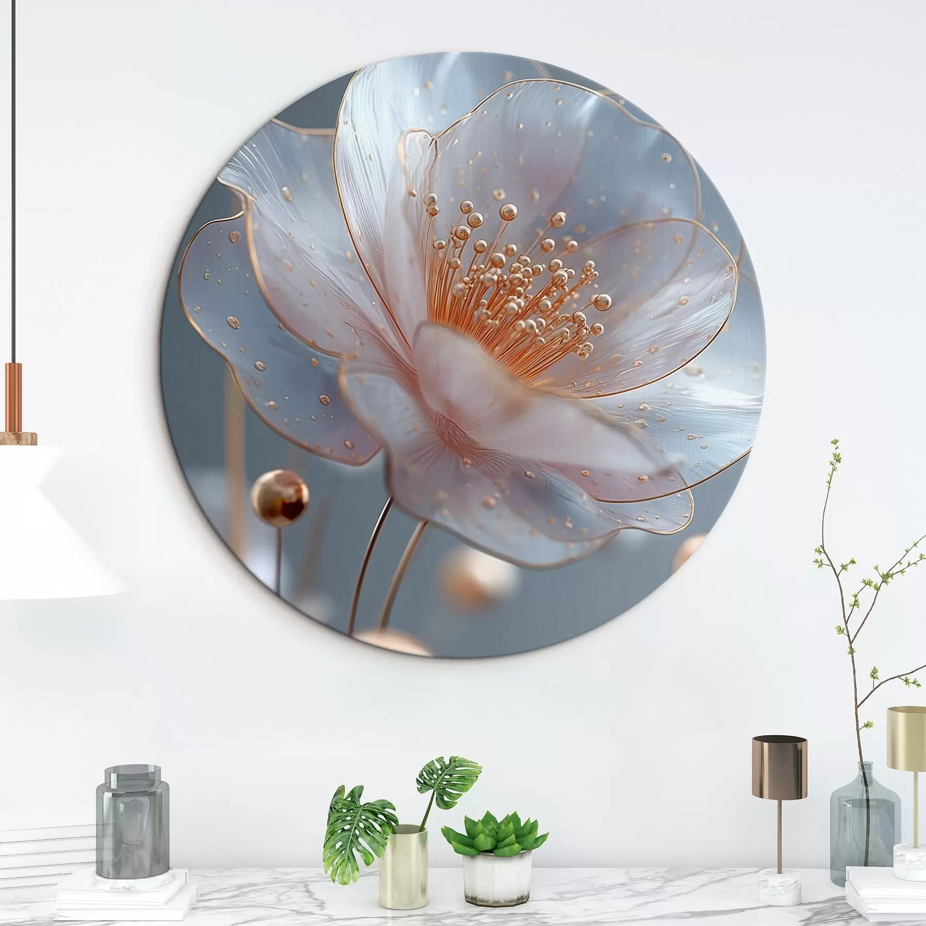 Tableau Fleur translucide avec des étamines cuivrées sur fond bleu r45880