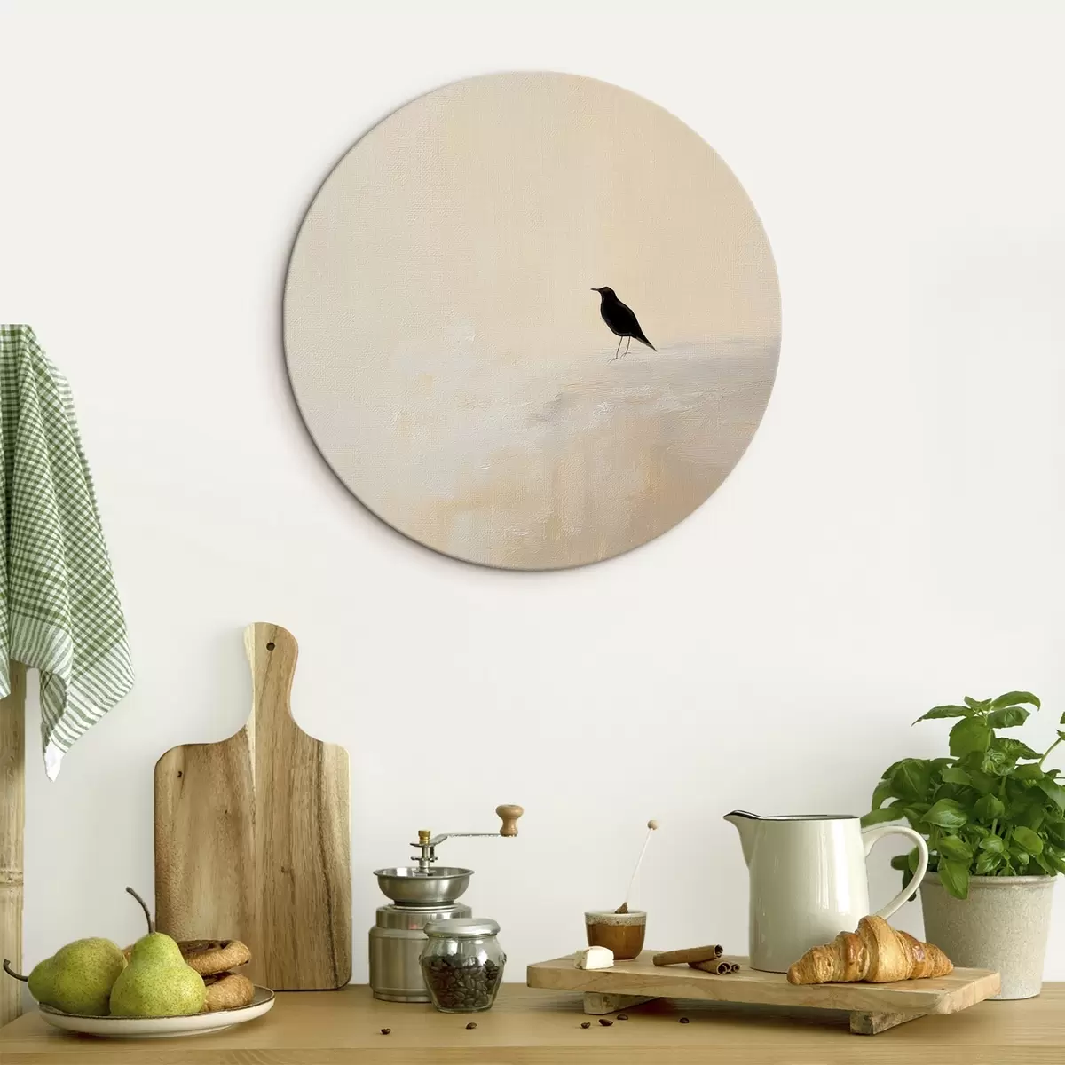 Tableaux rondes Oiseau solitaire sur fond beige chaud r45882