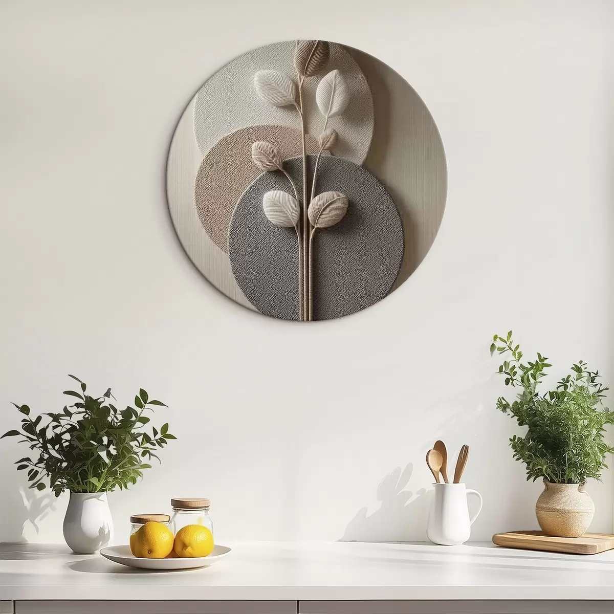 Tableaux rondes Cercles en relief et branche dans des tons neutres chauds r45883