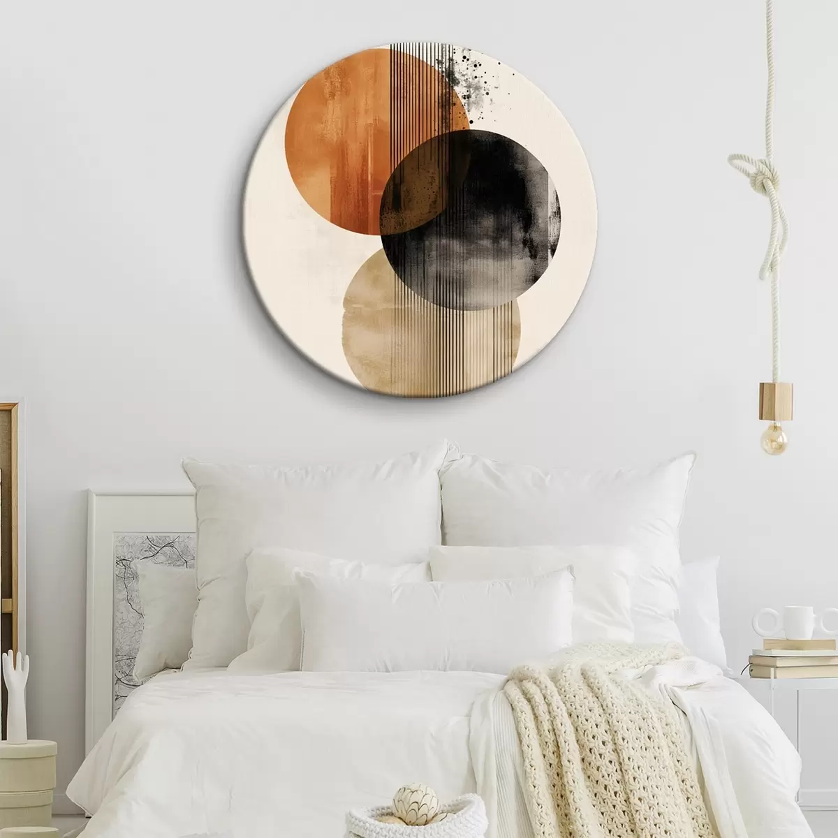 Tableaux rondes Trois cercles texturés avec des lignes dans une palette de couleurs terre cuite et noir r45885