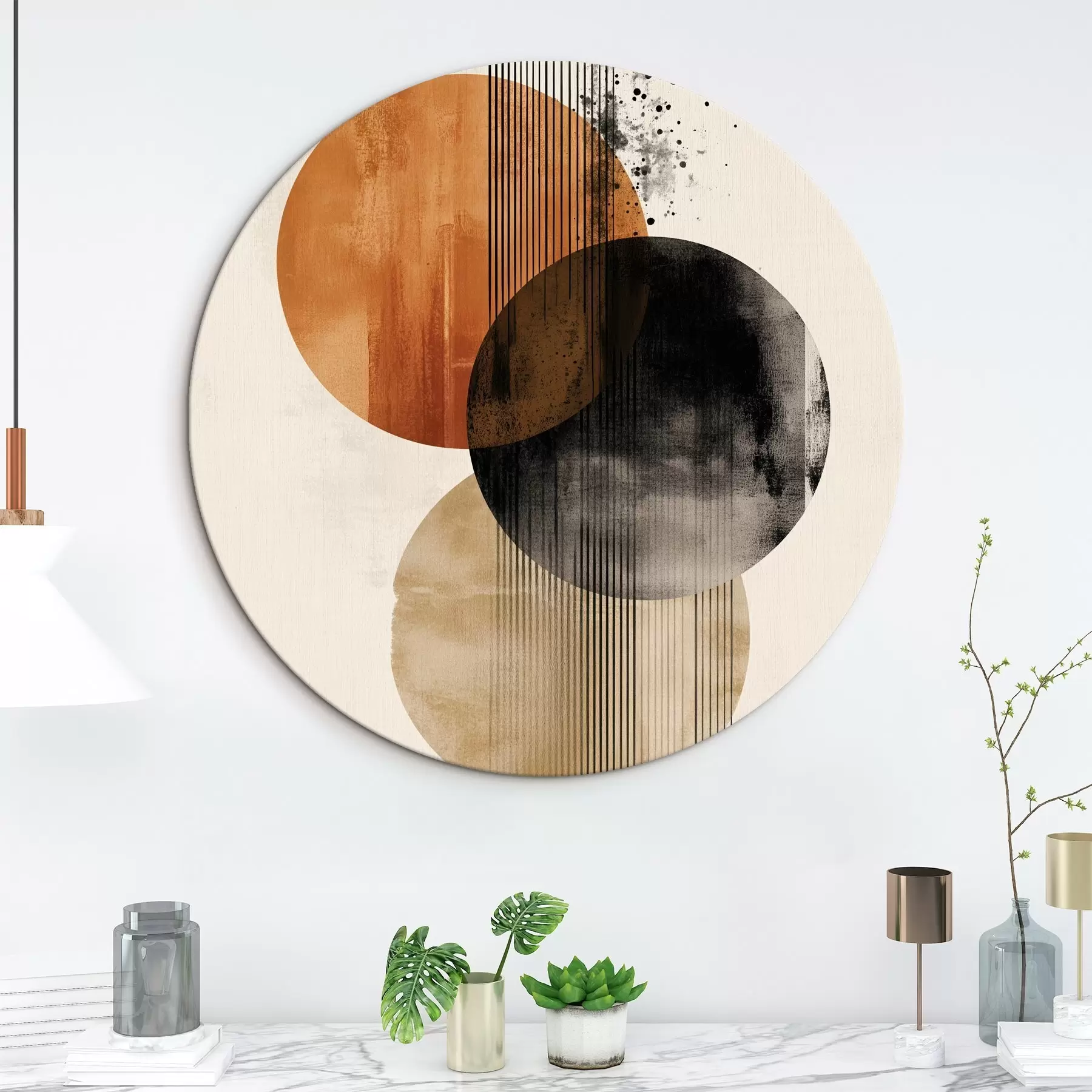 Tableau Trois cercles texturés avec des lignes dans une palette de couleurs terre cuite et noir r45885