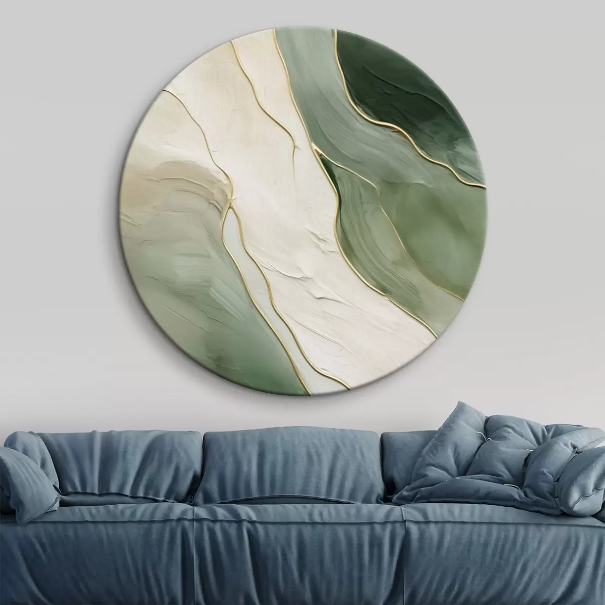 Tableaux rondes Abstraction émeraude avec de fines lignes jaunes r45888