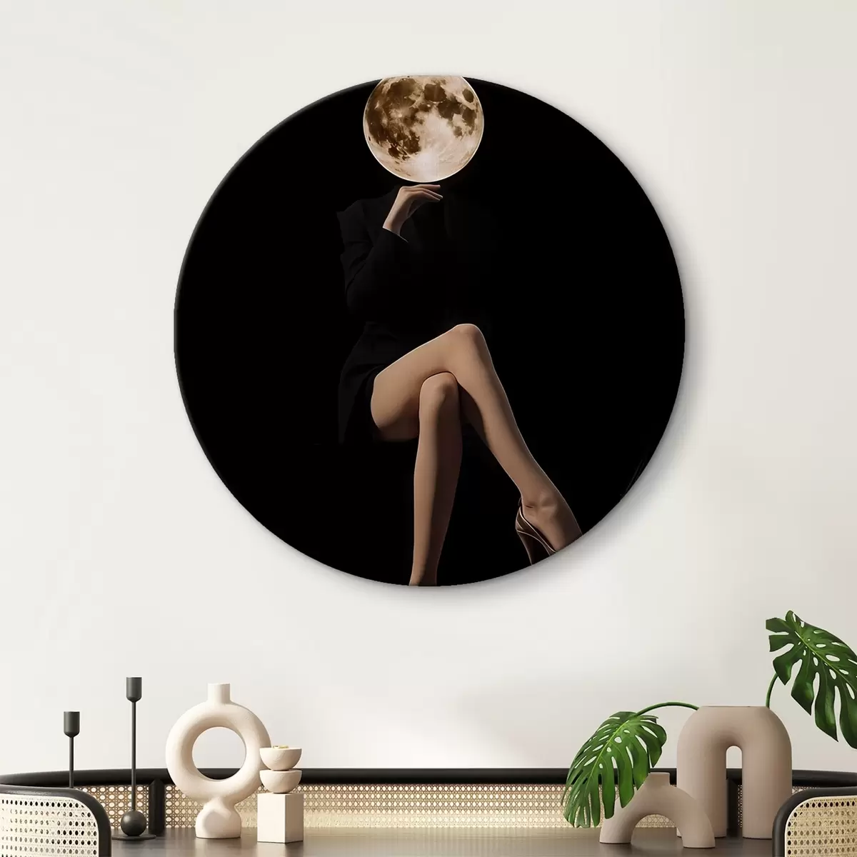 Tableaux rondes Silhouette avec la lune pour visage, minimalisme r45891