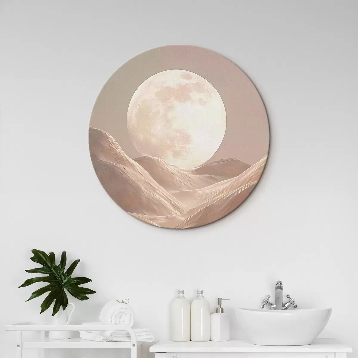Tableaux rondes Lune au-dessus des dunes de sable aux teintes roses r45892