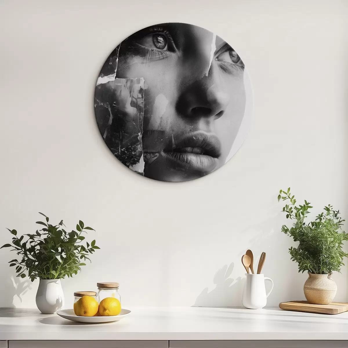 Tableaux rondes Portrait collage en noir et blanc avec des couches texturées déchirées r45898