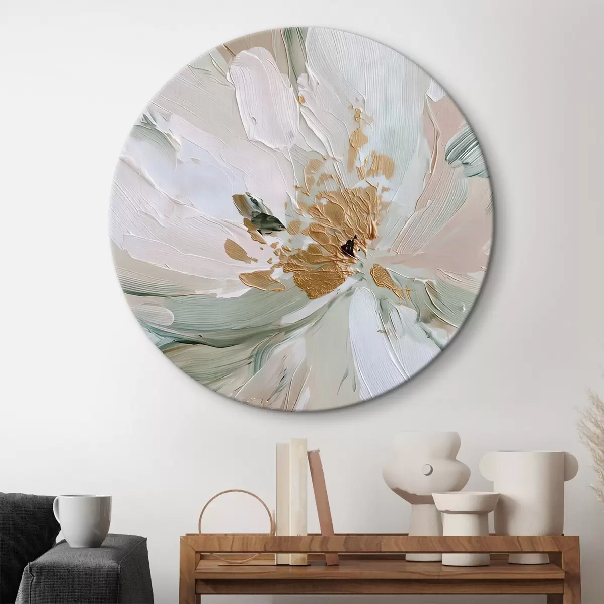 Tableaux rondes Fleur pastel à l'empâtement avec des accents jaunes r45900