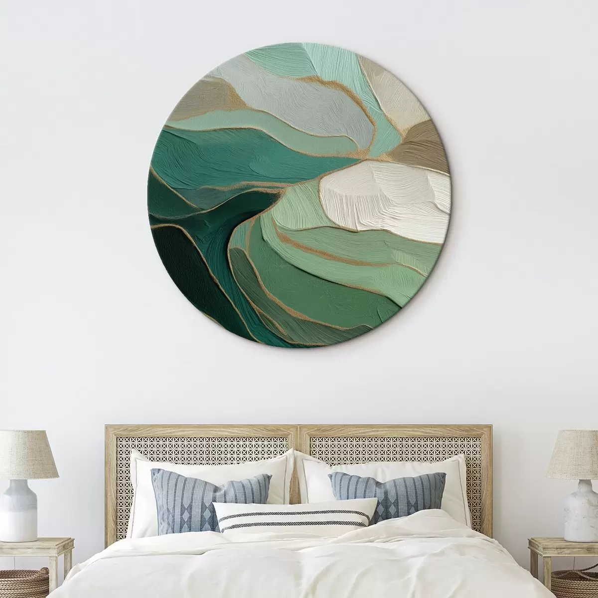 Tableaux rondes Abstraction vert sauge avec un contour jaune r45901