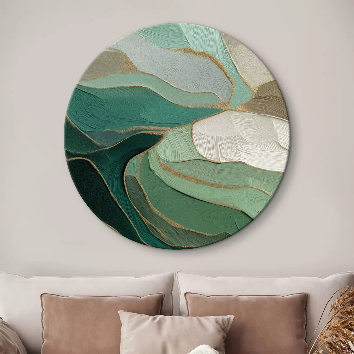 Tableaux rondes Abstraction vert sauge avec un contour jaune r45901