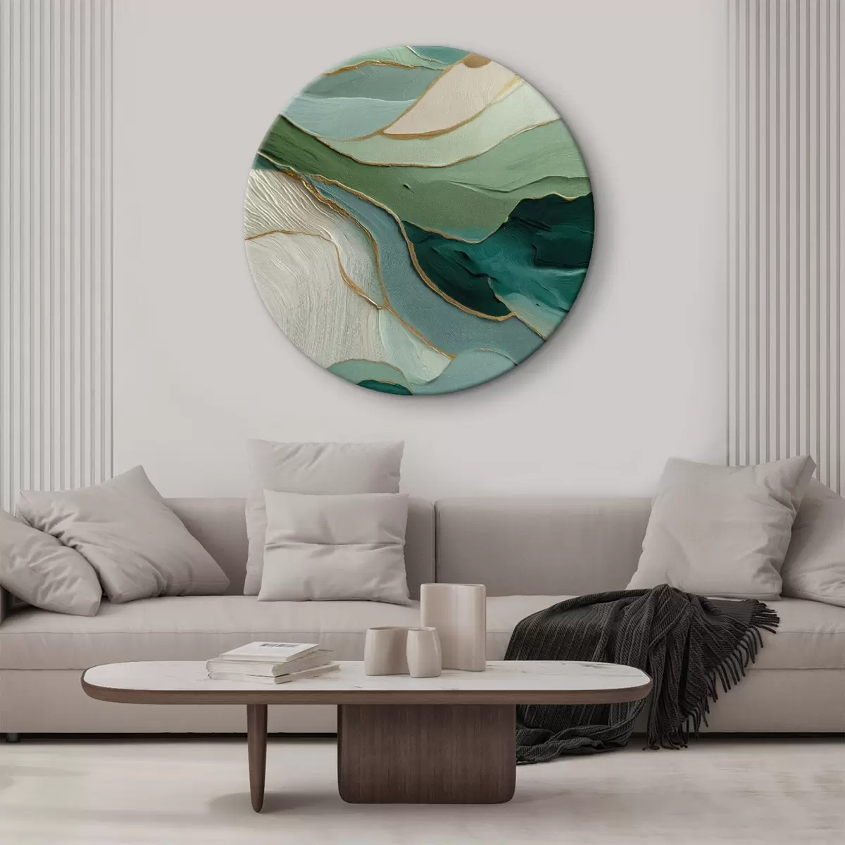 Tableaux rondes Abstraction verte en couches avec des lignes jaunes et de la profondeur r45902