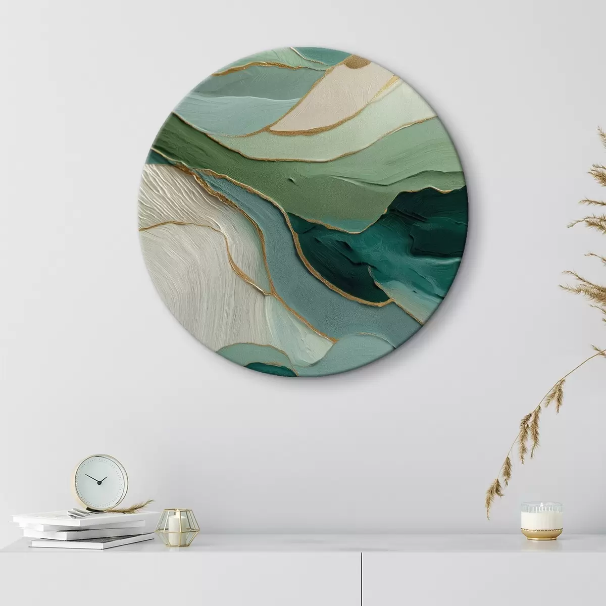 Tableaux rondes Abstraction verte en couches avec des lignes jaunes et de la profondeur r45902