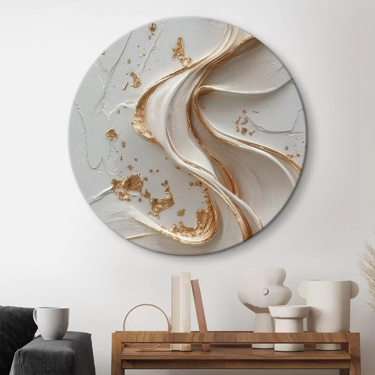 Tableaux rondes Traits texturés blancs et jaunes avec accents métalliques r45906