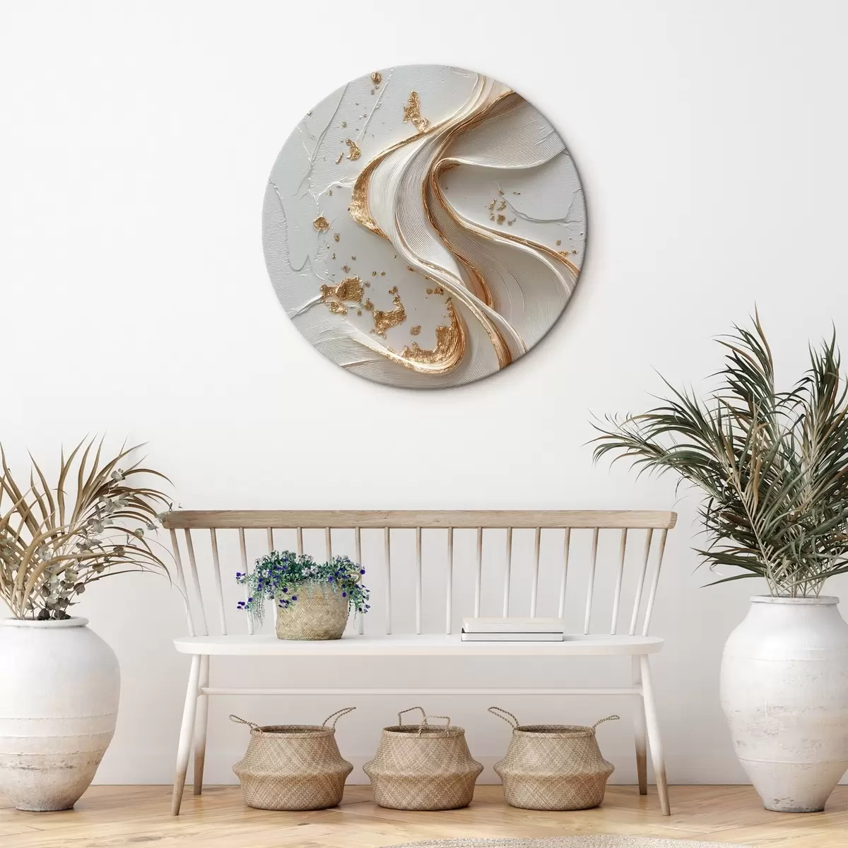 Tableaux rondes Traits texturés blancs et jaunes avec accents métalliques r45906