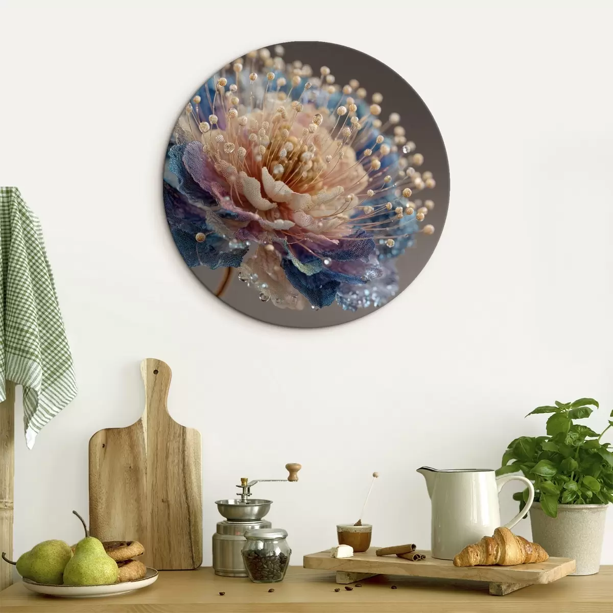 Tableaux rondes Fleur nacrée avec des gouttes de rosée, pétales couleur pêche et bleu r45911