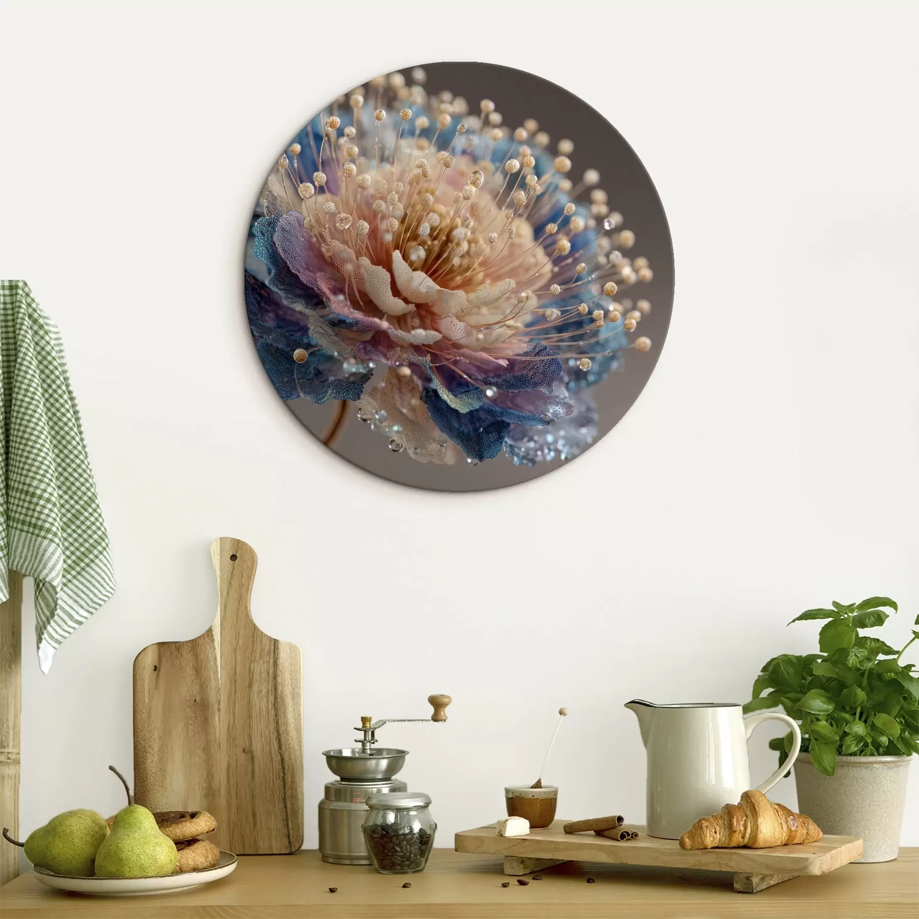 Tableau Fleur nacrée avec des gouttes de rosée, pétales couleur pêche et bleu r45911