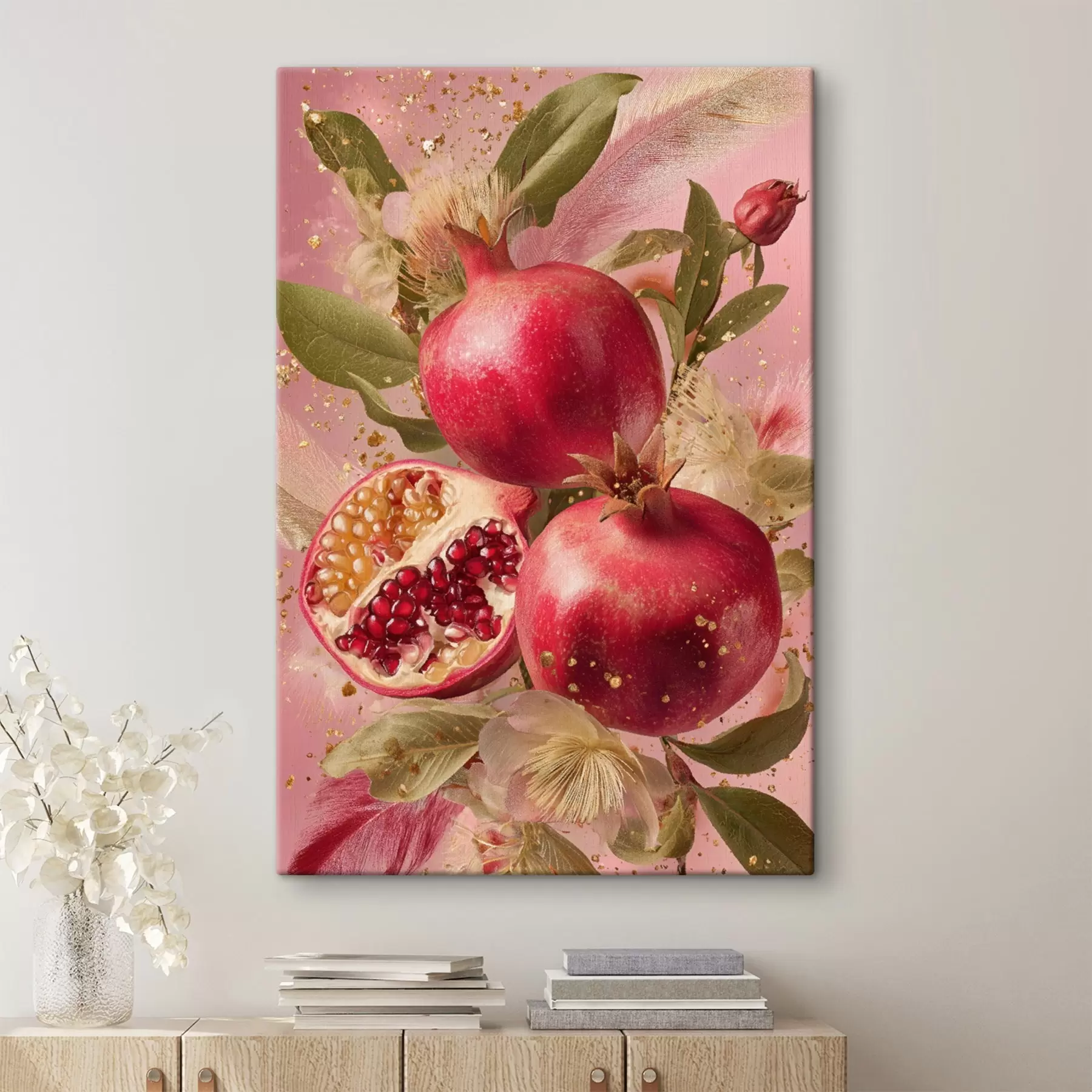 Tableau Grenades mûres sur fond rose avec feuillage et mouchetures dorées s45868