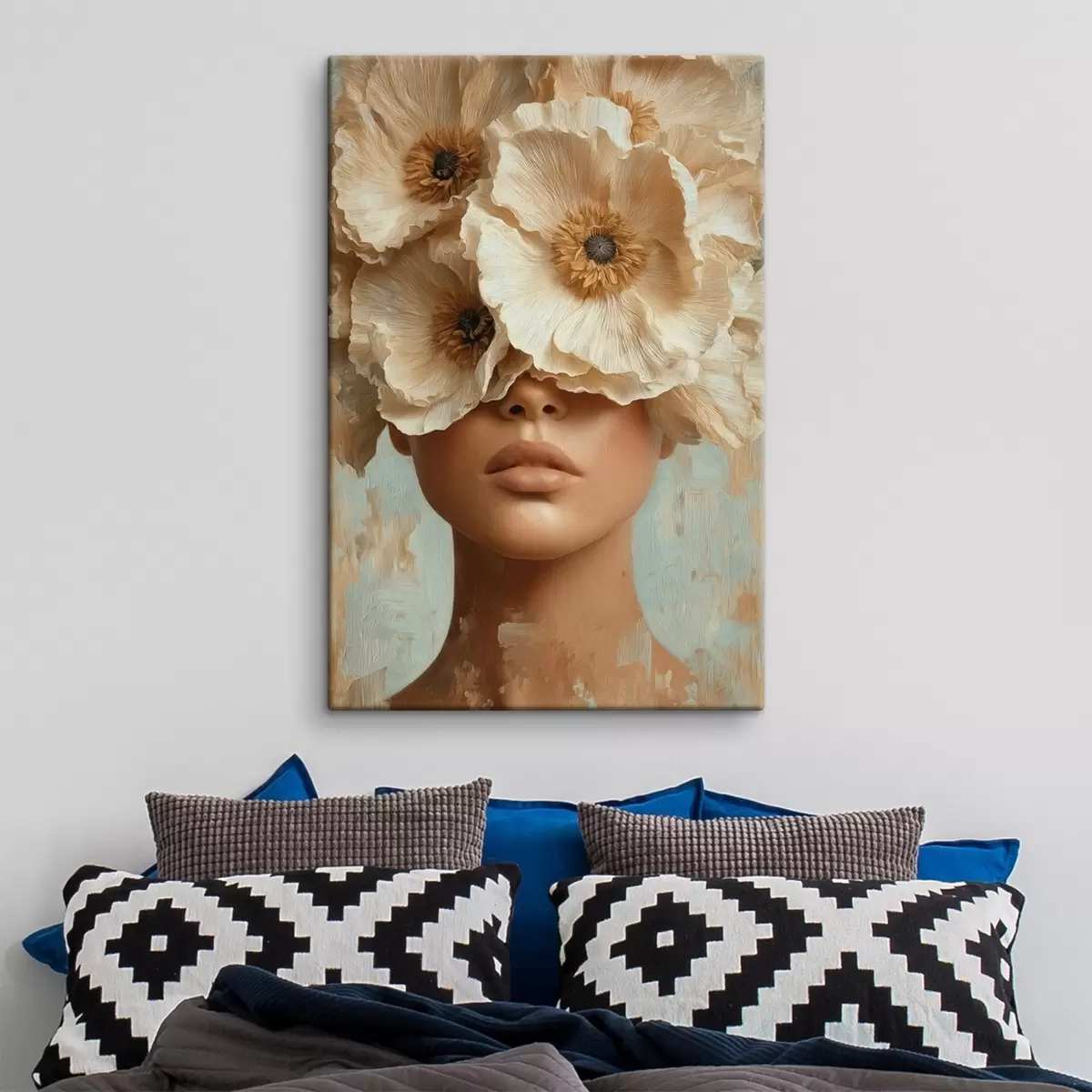 Tableau Portrait avec des fleurs beiges couvrant les yeux s45870