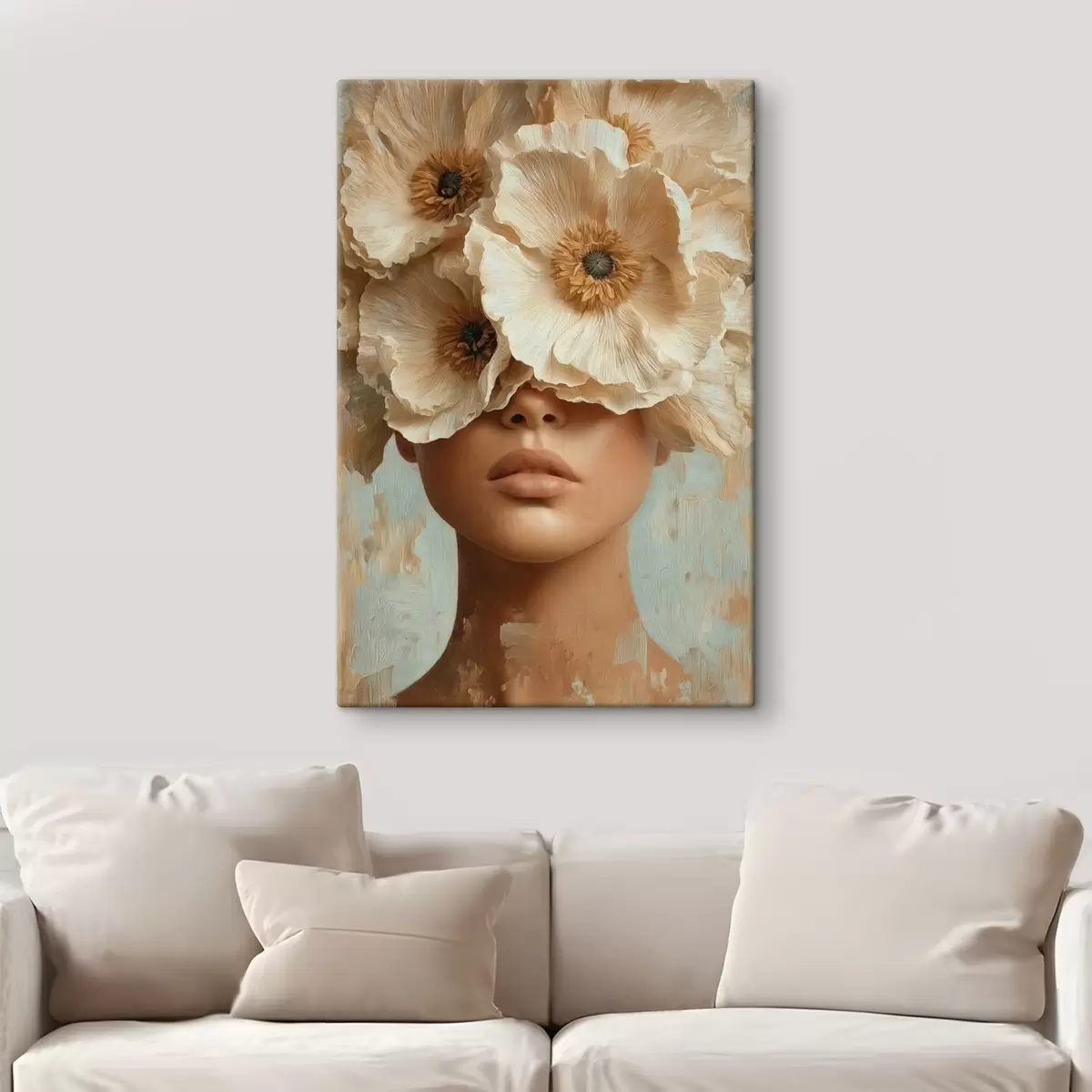 Tableau Portrait avec des fleurs beiges couvrant les yeux s45870