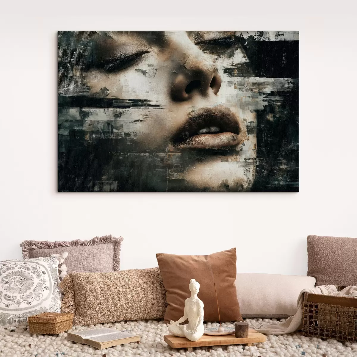 Tableau Portrait féminin abstrait avec effet glitch et textures s45873