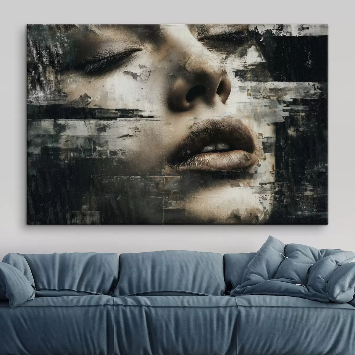 Tableau Portrait féminin abstrait avec effet glitch et textures s45873
