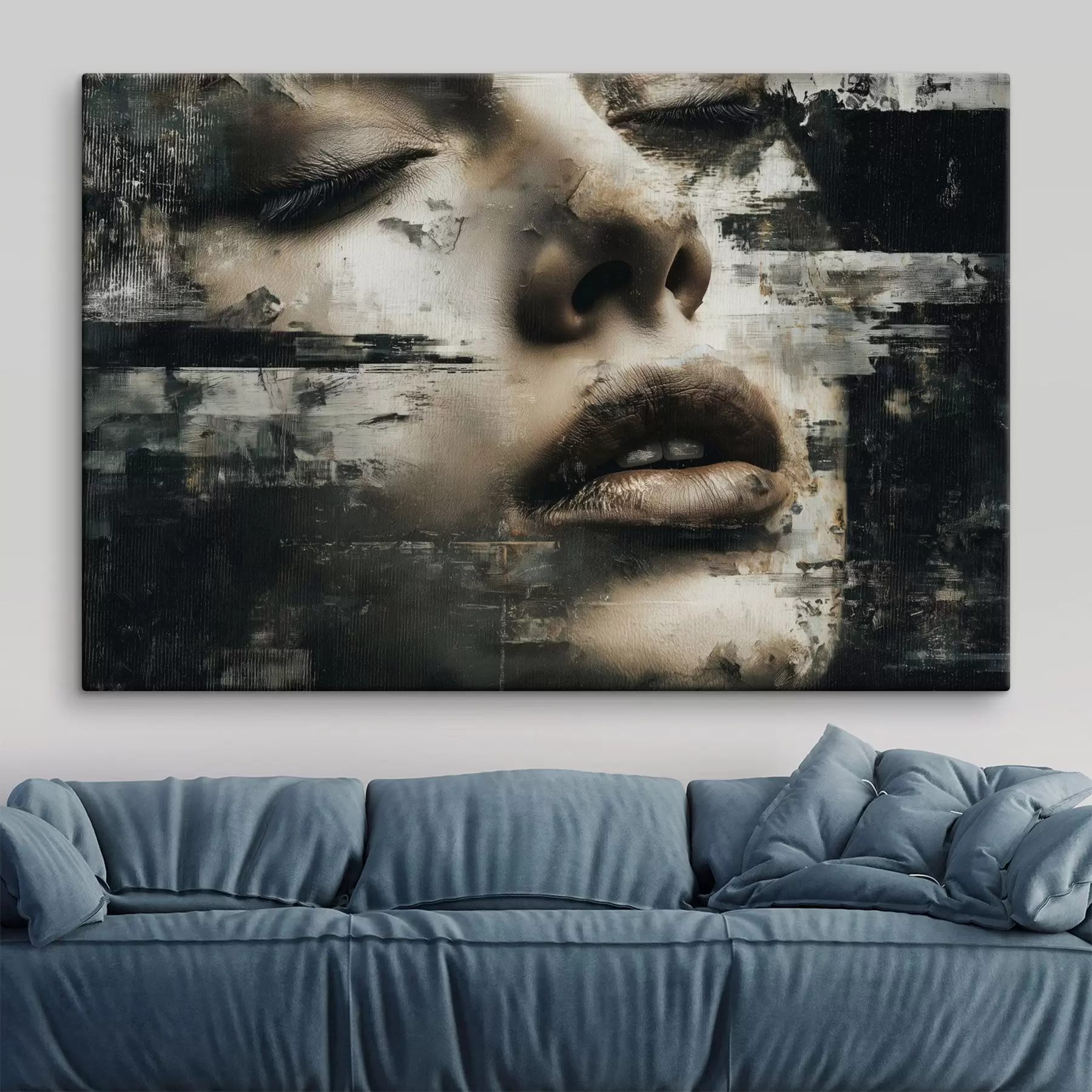 Tableau Portrait féminin abstrait avec effet glitch et textures s45873