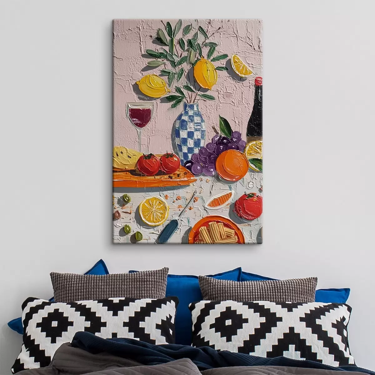 Tableau Nature morte pastel : citrons, raisins et tomates, empâtement s45876