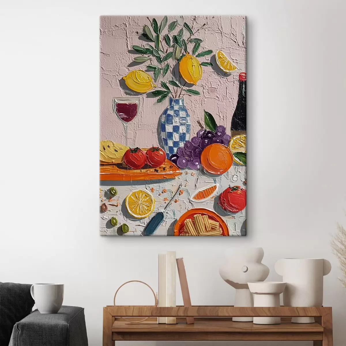 Tableau Nature morte pastel : citrons, raisins et tomates, empâtement s45876