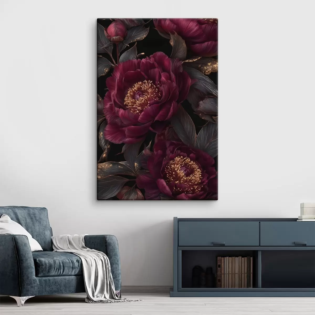 Tableau Pivoines bordeaux sur fond noir avec des touches de jaune s45877