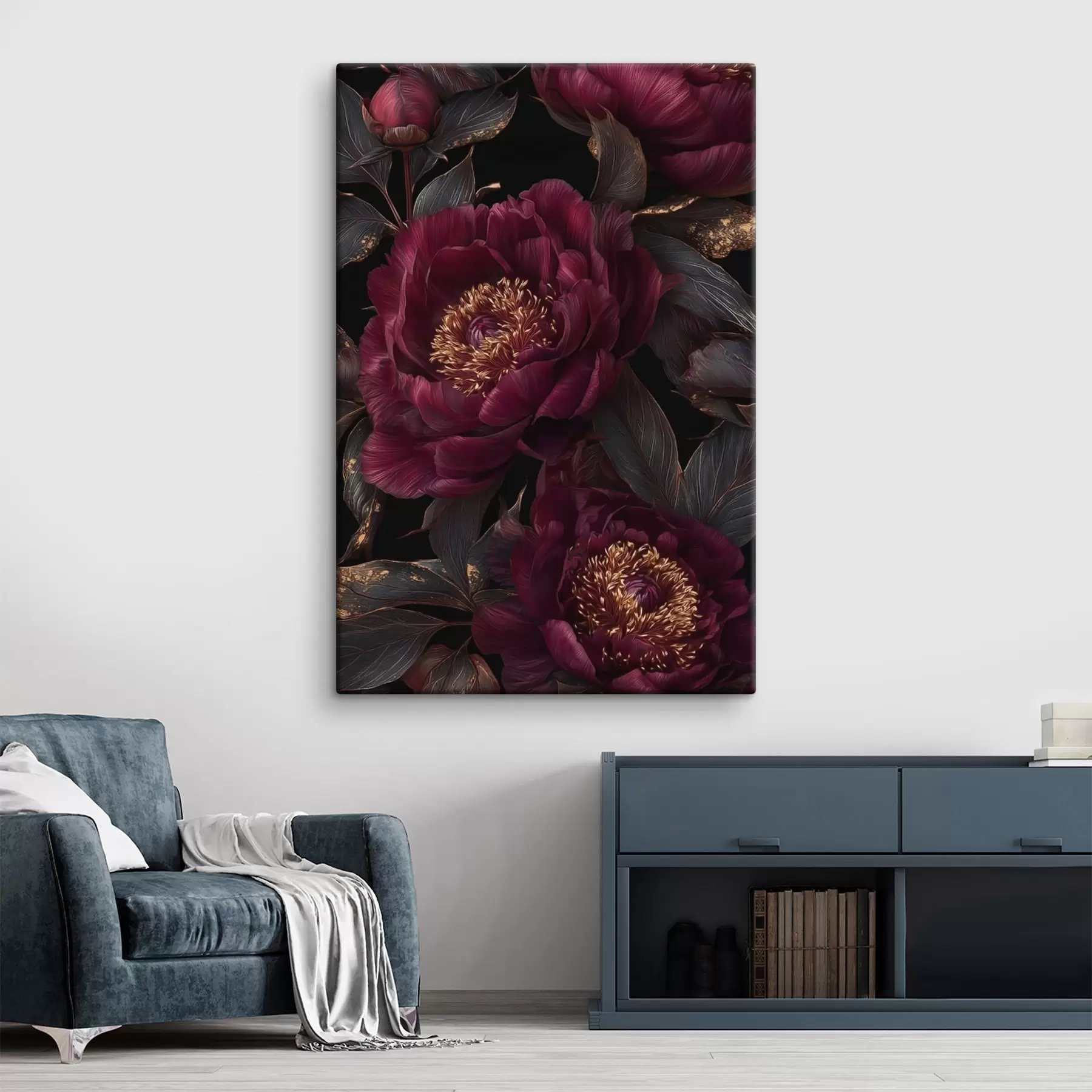 Tableau Pivoines bordeaux sur fond noir avec des touches de jaune s45877