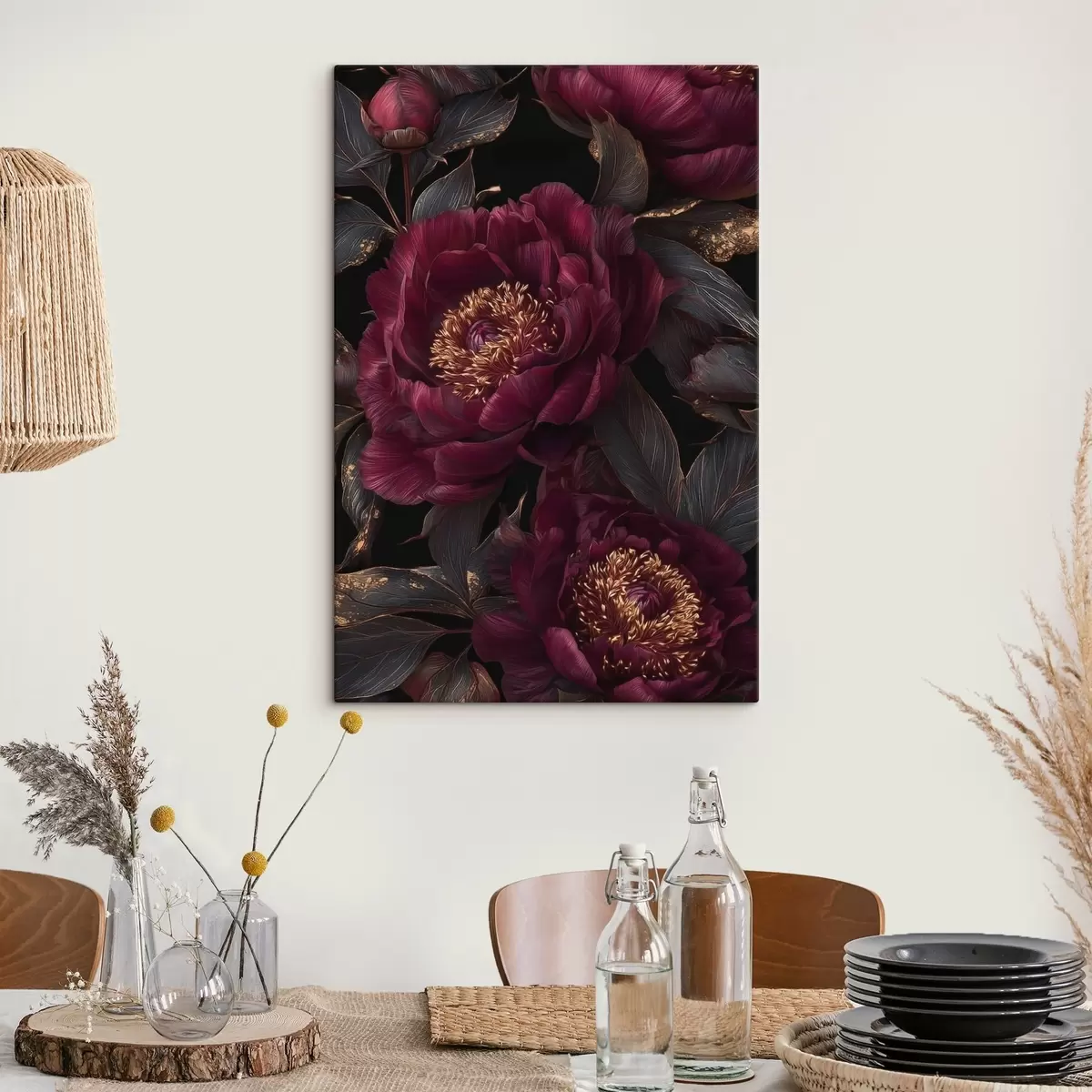 Tableau Pivoines bordeaux sur fond noir avec des touches de jaune s45877