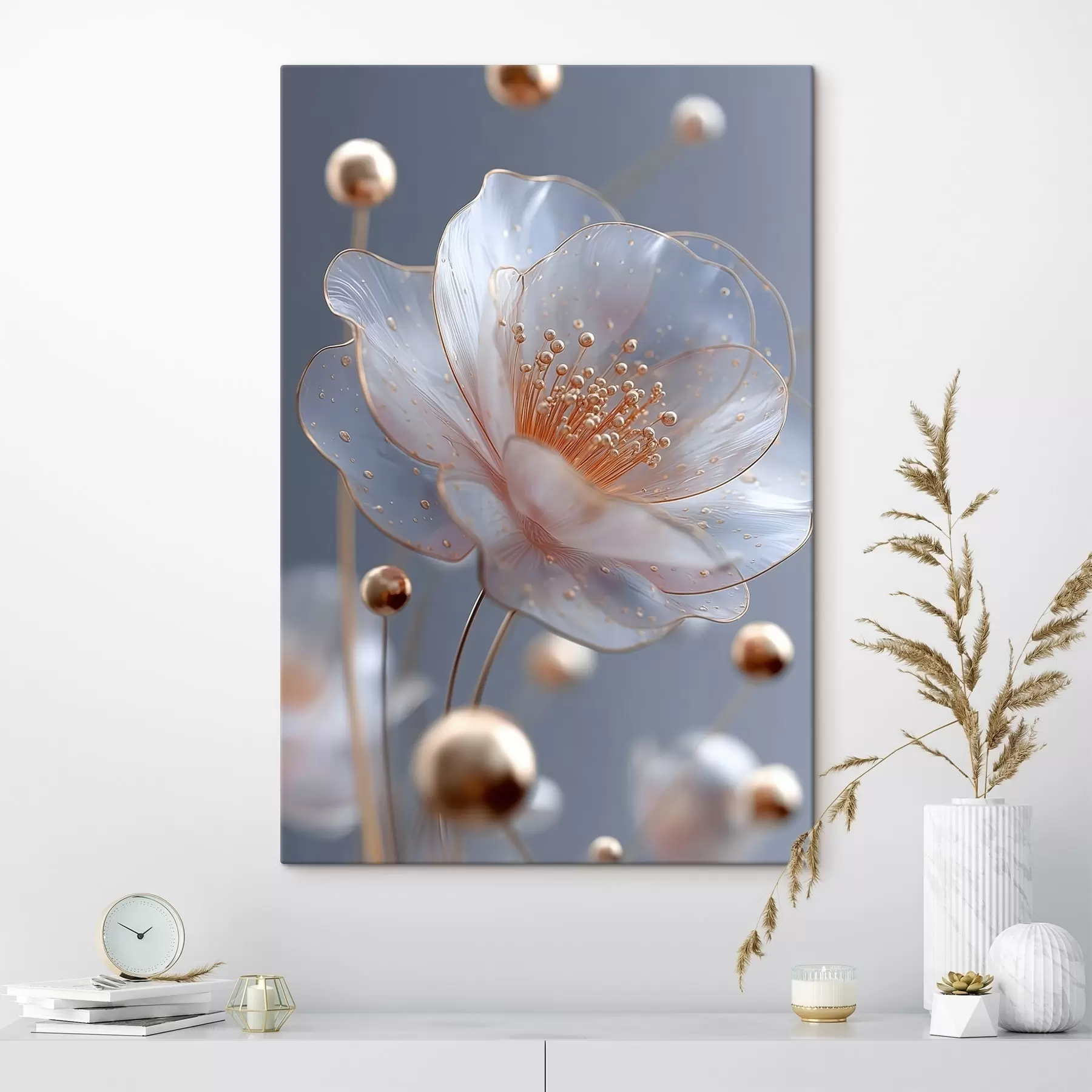 Tableau Fleur translucide avec des étamines cuivrées sur fond bleu s45880