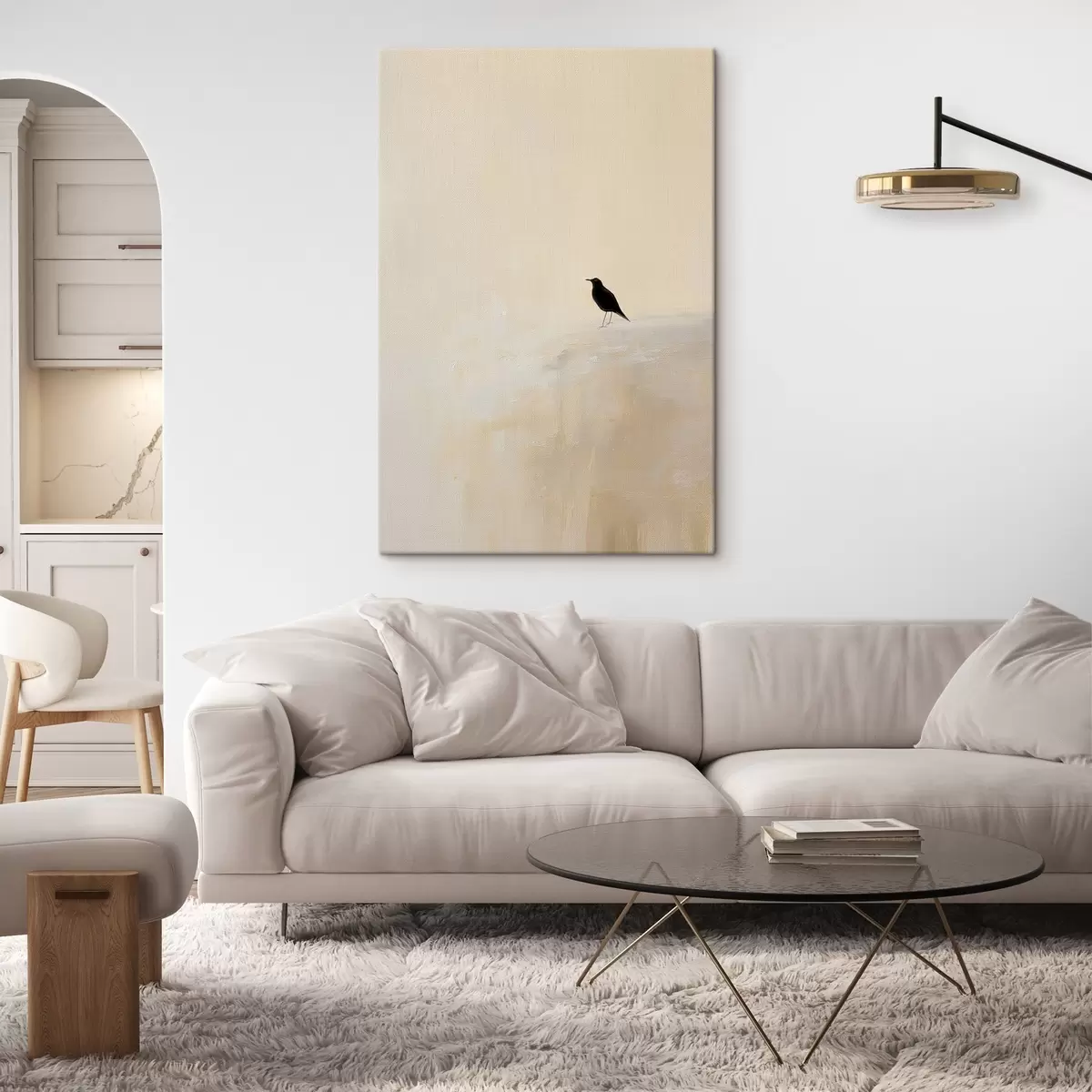 Tableau Oiseau solitaire sur fond beige chaud s45882