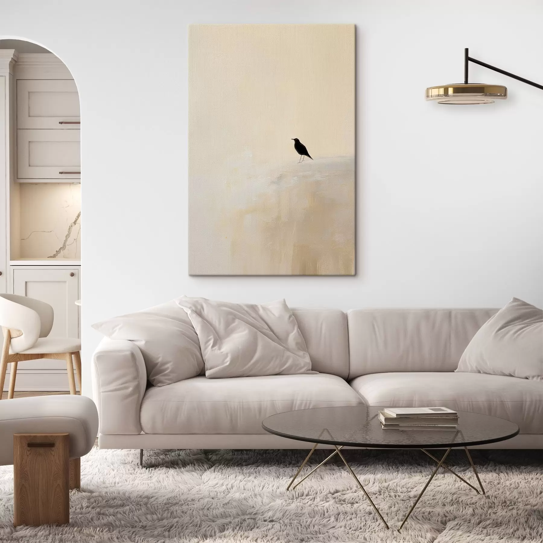Tableau Oiseau solitaire sur fond beige chaud s45882